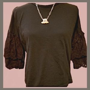 Mustard Seed Black 100% Cotton Eyelet Puffy Layered Sleeve Crop Top